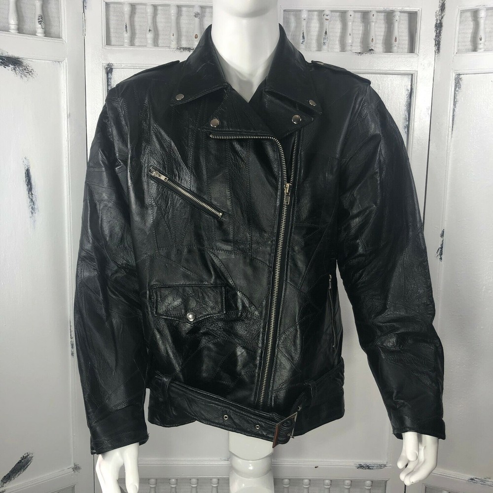 Genuine Leather Patchwork Jacket Vintage 80s Cry Baby Rock Greaser Biker Size XL